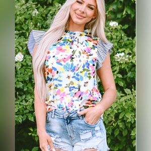 Light Blue Floral Print Striped Ruffled Sleeve Blouse